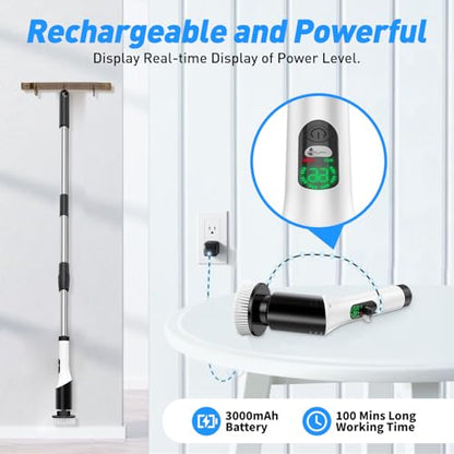 Electric Spin Scrubber, Cordless Power Cleaning Brush with 7 Replaceable Heads, Adjustable Long Handle, & LCD Display, IPX7 Waterproof Shower Scrubber for Bathroom, Tub, Tile, Kitchen & Car