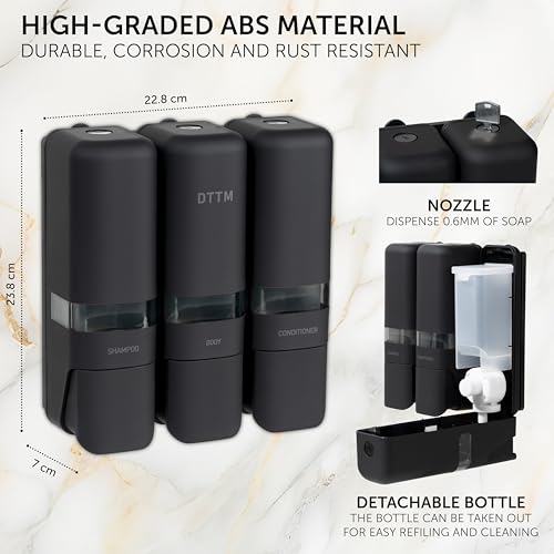 Shower Soap Dispenser 3 Chamber No Drill, Wall Mounted Shampoo Conditioner Body Wash Dispenser, Stick-On Installation, Lockable Matte Black, Refillable 250ml x 3 for Bathroom & Hotel