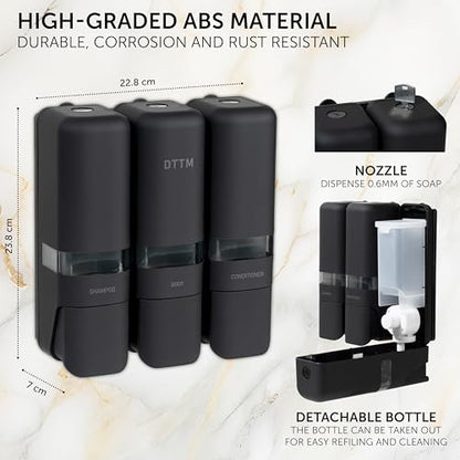 Shower Soap Dispenser 3 Chamber No Drill, Wall Mounted Shampoo Conditioner Body Wash Dispenser, Stick-On Installation, Lockable Matte Black, Refillable 250ml x 3 for Bathroom & Hotel