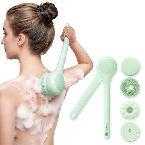 Electric Body Brush Back Scrubber for Shower, Waterproof Long Dual Handle Body Scrubber with 3 Heads, Bath Brush & 2 Speeds, for Cleansing, Exfoliating and Massaging Skin, Pale Cypress Green