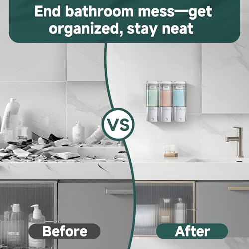 Shampoo and Conditioner Dispenser 3 Chamber No Drill Shower Soap Dispenser Wall Mounted Shampoo Conditioner Body Wash Dispenser 3 * 500ml Refillable Shower Dispenser for Bathroom Hotel, Silver - color: Silver 3 Chamber