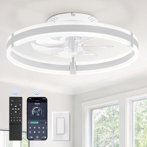 ZMISHIBO Ceiling Fans with Lights and Remote, 19.7'' Low Profile Ceiling Fan, 3000-6000K Dimmable Modern Flush Mount LED Fan Light, 6 Wind Speeds, White Fandelier Ceiling Fans for Bedroom - color: White, size: 19.7 INCH