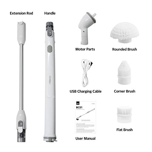 ABKO Electric Spin Scrubber Cordless Lightweight Cleaning Replaceable Brush Head Adjustable Extension Rod for Tile Bathtub Floor Bathroom Kitchen BC01