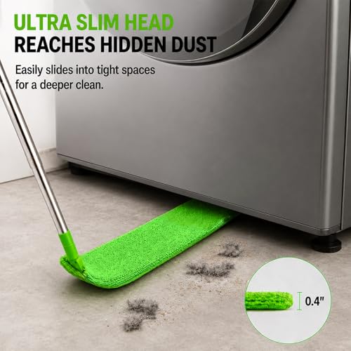Retractable Gap Dust Cleaner with Extension Pole 30'' to 100'', Cleaning Tools with 3 Microfiber Dusting Cloths, Extendable Long Handle Duster for Cleaning Under Refrigerator Furniture Appliance Green - color: Green