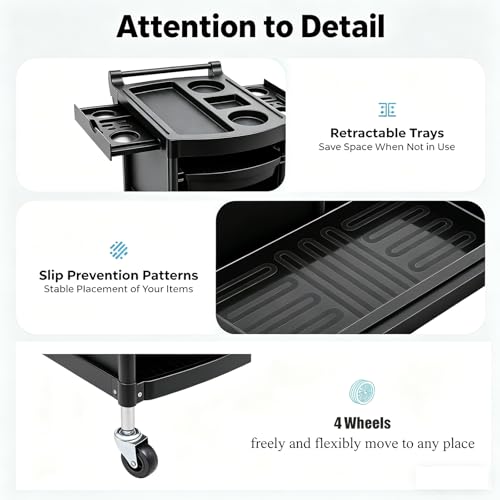 Salon Trolley Cart with Wheels, 6-Tier Beauty S-alon Cart with 4 Drawers, Space-Saving Rolling Salon Versatile Utility Cart, Open Top Floor, 110.23lbs Load-Bearing, Retractable Trays (Black) - color: Black