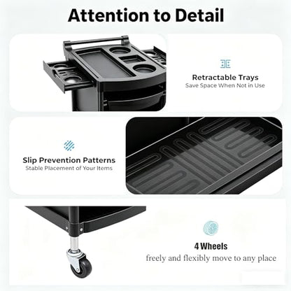 Salon Trolley Cart with Wheels, 6-Tier Beauty S-alon Cart with 4 Drawers, Space-Saving Rolling Salon Versatile Utility Cart, Open Top Floor, 110.23lbs Load-Bearing, Retractable Trays (Black) - color: Black