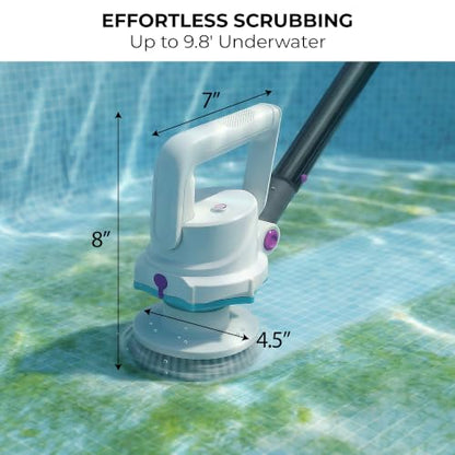 KOKIDO Rechargeable Pool Scrubber, Compact Electric Pool Cleaning Brush for Walls, Waterline & Steps, 3‑in‑1 Pool Brush, 40‑Min Runtime, Pivot Handle - Ideal for Quick Pool Maintenance & Spot Cleaning