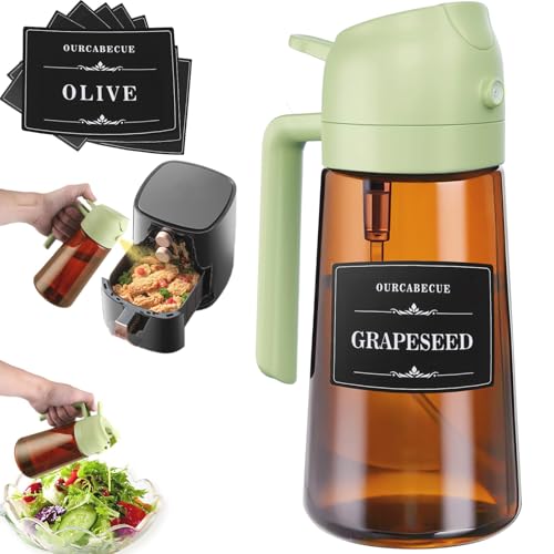 OURCABECUE 2 in 1 Olive Oil Sprayer for Cooking, 16oz Olive Oil Dispenser Bottle for Kitchen, Light-Blocking Dark Glass Oil Bottle, Food-Grade Oil Mister with 8 Oil Stickers (Brown Bottle-Green Cap) - color: Dark Brown and green