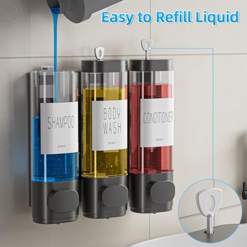VITVITI Shampoo and Conditioner Dispenser for Shower Wall, Shower Soap Dispenser 3 Chamber No Drill Wall Mounted, 10.2 OZ Plastic Refillable Shower/Body Wash Bottles for Bathroom (Gun Gray) - color: Gray