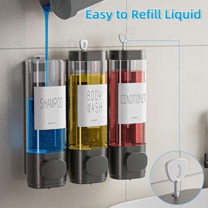 VITVITI Shampoo and Conditioner Dispenser for Shower Wall, Shower Soap Dispenser 3 Chamber No Drill Wall Mounted, 10.2 OZ Plastic Refillable Shower/Body Wash Bottles for Bathroom (Gun Gray) - color: Gray