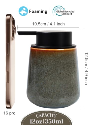 INGOFIN Ceramic Foaming Soap Dispenser -12oz Foam Hand Soap Dispenser Bathroom, Modern Refillable Dish Wash Soap Bottle for Kitchen with Large Pump -Kiln-Glazed Green - color: Kiln-glazed Blue Green-foam