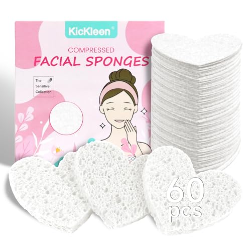 60-Count Kickleen Compressed Cellulose Heart Shape Facial Sponges | 100% Natural Cosmetic Spa Sponges for Facial Cleansing | Exfoliating | Makeup and Mask Removal | Reusable |Skin Massage (White) - color: White