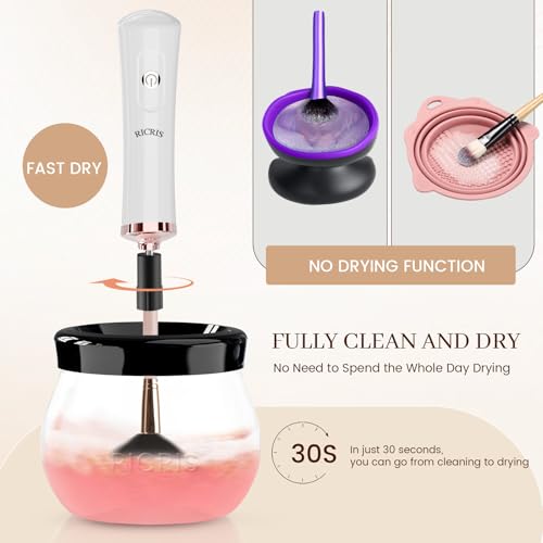 RICRIS Premium Makeup Brush Cleaner Dryer Super-Fast Electric Brush Cleaner Machine Automatic Brush Cleaner Spinner Makeup Brush Tools (White) - color: White