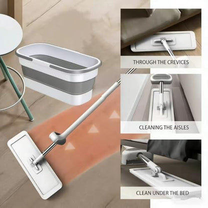Large Flat Mop and Scalable Bucket with Wheels, 360 Rotating Microfiber Dust Mop with Dewatering Scraper, 54" Adjustable Stainless Steel (1 Mop + 6 Microfiber Pads + 1 Bucket)