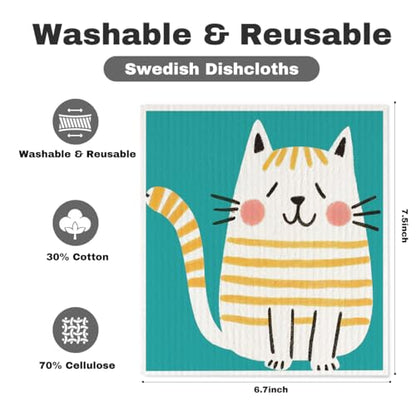 5 Pcs Cartoon Kitten Swedish Dishcloths, Cat Lover Swedish Dishcloth, Artistic Dish Cloths for Drying Dishes, Reusable Cleaning Cloths, Housewarming Gifts for Women 1 - color: Lm 04233