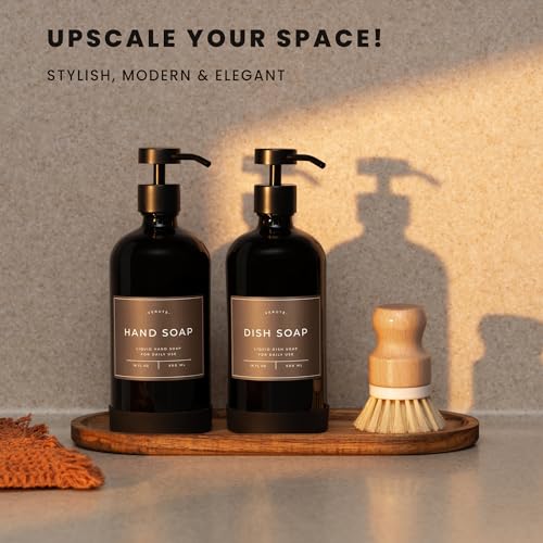 Hand and Dish Soap Dispenser for Kitchen and Bathroom, Set of 2 16 Oz Glass Bottles, Stainless Steel Pumps, Non-Slip Silicone Base, 27 Waterproof Labels (Gloss Black Bottle/Black Pump) - color: Gloss Black Bottle / Black Pump