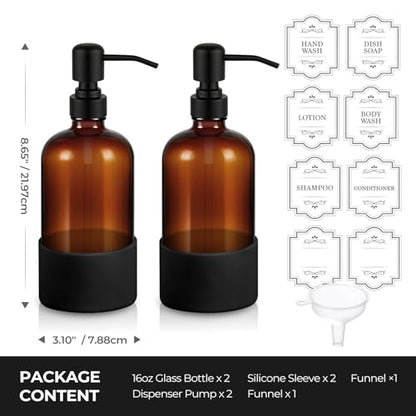 16 oz Hand and Dish Soap Dispenser Set for Kitchen and Bathroom, 500ml Amber Glass Soap Dispenser with Stainless Steel Pump, Non-Slip Silicone Sleeves, Labels - 2 Pack - color: Amber
