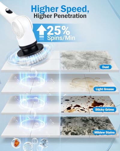 Electric Spin Scrubber, 3-Speed Cordless Shower Scrubber with 90° Adjustable & 10 Replaceable Brush Heads, 90 Mins Runtime & Full-Body IPX7 Waterproof Shower Cleaner Brush with Long Handle