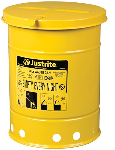 Justrite 6 Gallon Galvanized Steel Oily Waste Can, 16" x 12" Metal Oil Rag Safety Can with Hand Operated Self-Closing Lid for Oil Rag Disposal, Made in The USA, Yellow, 09111 - color: Yellow, size: 6 Gallon, style: Hand-Operated Lid