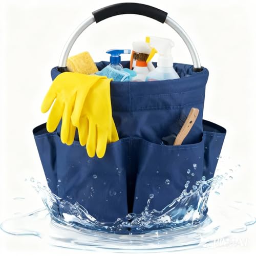 17L Collapsible Cleaning Caddy with Handle - Heavy Duty Oxford Cleaning Supplies Organizer - Multi-Pocket Foldable Storage Bucket for Housekeeping, Car Wash, Gardening & Camping (Navy Blue) - color: navy blue