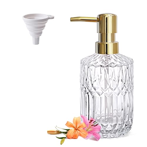 LaMarriti Glass Soap Dispenser with Rust Proof Pump, 13.5 Oz Clear Refillable Hand Lotion Dispenser for Bathroom Countertop and Kitchen, Crystal Vintage Bathroom Accessories, Bathroom Decor - color: Clear White