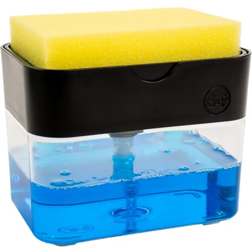 S&T INC. Dish Soap Dispenser and Sponge Holder for Kitchen Sink with Enhanced Features, Sponge Included, 13 Ounces, Matte Black - color: Matte Black