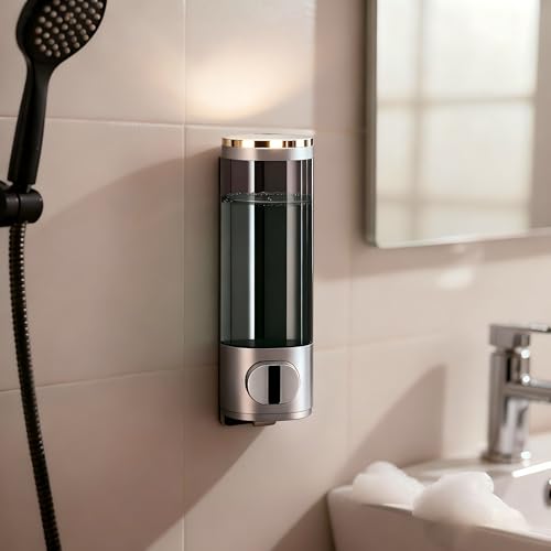Silver Manual Bathroom Wall Mounted Soap Dispenser, 10oz/300ml Single Bathroom Shampoo and Conditioner Dispenser, Clear Plastic Refillable Liquid Lotion Pump Dispenser and Organizer - color: Silver