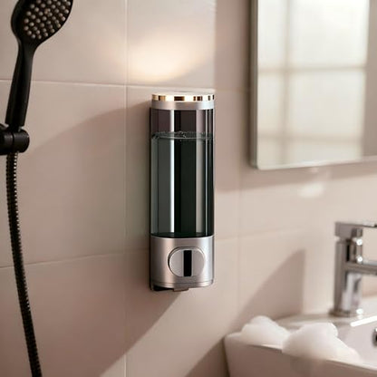 Silver Manual Bathroom Wall Mounted Soap Dispenser, 10oz/300ml Single Bathroom Shampoo and Conditioner Dispenser, Clear Plastic Refillable Liquid Lotion Pump Dispenser and Organizer - color: Silver