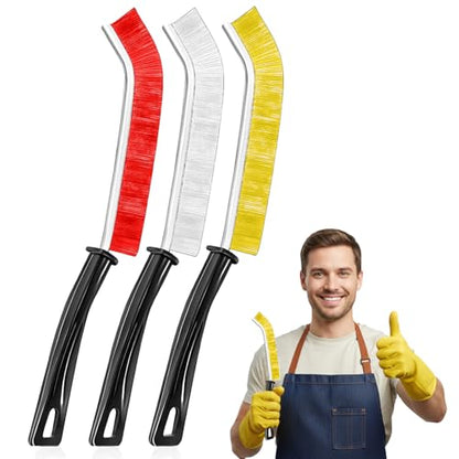3 Pack Hard Bristle Crevice Cleaning Brush Set, Narrow Spaces Deep Reach Gap Scrub Tool with Long Handle for Household Use Kitchen Bathroom Sink Track, Mixing Colors - color: White + Yellow + Red