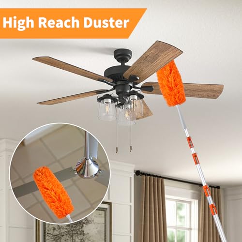 Cobweb Duster with Extension Pole, 4-24ft, Window Cleaning Kit, Include Window Squeegee with Cleaner, Microfiber Feather Duster, Spider Web Brush, Reusable & Replaceable, High Ceiling Dusters, Orange - color: Orange-24ft