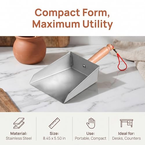 VOSAREA Mini Dustpan Stainless Steel Small Dustpan Portable Short Handle Compact Dust Pan for Workshop Table Desk Key Board