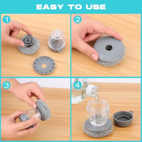 2026 New Soap Dispensing Dish Brush,Comfort Grip Soap Dispensing Kitchen Scrub,Built-in Liquid Dispenser, with Replaceable Nylon/Wire Bristles for One-Hand Use (4 Steel Wire Brush + 2 Accessories)