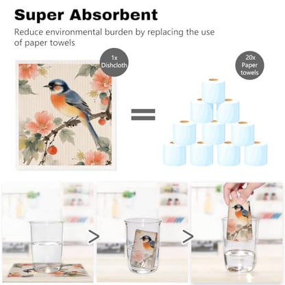 5 Pcs Watercolor Bird & Flower Swedish Dishcloths, Bird Themed Swedish Dishcloth, Artistic Dish Cloths for Drying Dishes, Reusable Cleaning Cloths, Housewarming Gifts for Women - color: Lm 04243