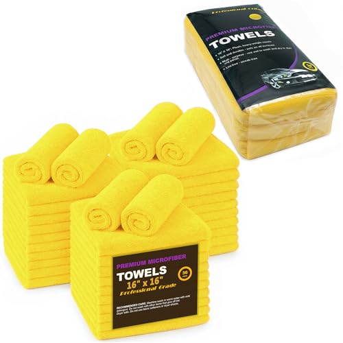 Yellow Microfiber Cleaning Towels, 36-Pack Dual-Sided Ultra Soft Plush Washcloth, Professional Grade Premium Microfiber Detailing Cleaning Cloths, Car, Household and Commercial (Yellow, 16" x 16") - color: Yellow