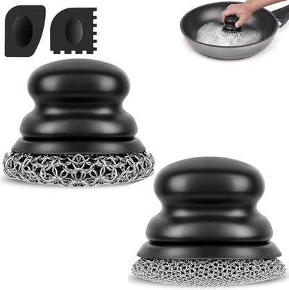 Cast Iron Scrubber (1Pack Black Coarse Mesh + 1Pack Black Fine Mesh) and and Scraper, Chain Mail Scrubber for Cleaning Stock Pots, Pans, Griddles, Grills, Cast Iron Skillets, Dish Scouring Pads - color: Black Coarse Mesh + Black Fine Mesh