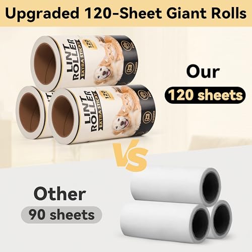 Extra Sticky Lint Rollers for Pet Hair Removal, 3.9 Inch Rolls Size 8 Rollers 960 Sheets (120 Sheets/Roll), Pet Hair Lint Roller for Clothes Furniture Carpets Dog Cat Fur - size: 3 Handles + 5 Refills + 960 Sheets