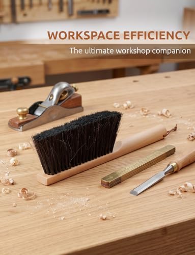Takavu Horsehair Counter Brush with Beech Wood Handle - Hand Brush for Outdoor Furniture, Patio Cushions, Workbench, Shop and Bench Sawdust, Drafting Table and Fireplace Cleaning, 12.6in