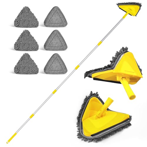 JEHONN Wall Mop with Long Handle 80 Inches, Upgraded 180° Collapsible Baseboard Cleaner Tool with Squeegee, Ceiling Duster with 3 Microfiber and 3 Chenille Pads for Cleaning Window, Cabinet (Yellow) - color: Yellow