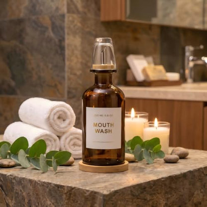 11.8OZ Glass Mouthwash Dispenser for Bathroom with Stainless Steel & Bamboo Nozzle, Mouthwash Cup Reusable, Bamboo Tray, and Elegant Gold Sticker.（Amber - color: Amber/350*1