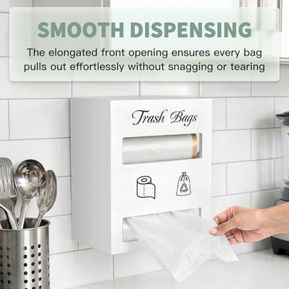 2 in 1 Trash Bag Dispenser, Double Wall Mounted,Wood Trash Bag Holder, used in kitchen, garage, laundry room, can store Environmentally friendly food bags and garbage bags (White/Large) - color: White/Large