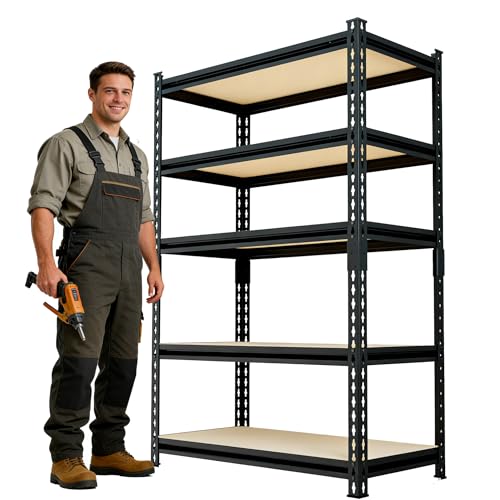 60" H x28 W x12 D: Father&I 5-Shelf-Storage-Rack Metal+Wood Garage/Kitchen Pantry Shelves Steel Utility Stand Shelving Unit Adjustable Heavy-Duty Shed Closet/Attic/Laundry Organizer, Black - size: 60*28*12 Wood-5T