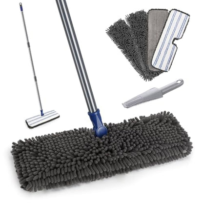 Masthome Dual Sided Flip Mop, Wet Dry Microfiber Dust Mop with 4 Pads & Scraper, 360° Swivel for Hardwood, Laminate, Tile, Pet Hair Cleaning - color: Blue Flip