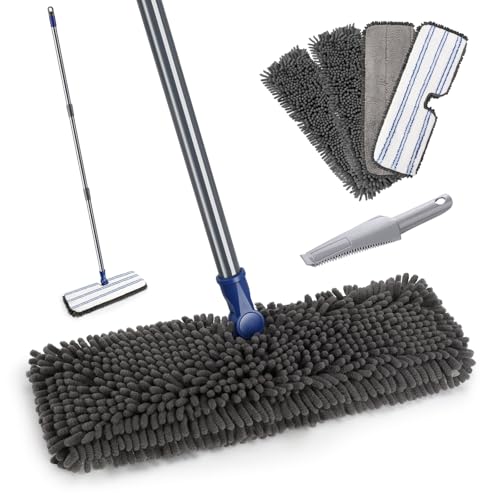 Masthome Dual Sided Flip Mop, Wet Dry Microfiber Dust Mop with 4 Pads & Scraper, 360° Swivel for Hardwood, Laminate, Tile, Pet Hair Cleaning - color: Blue Flip