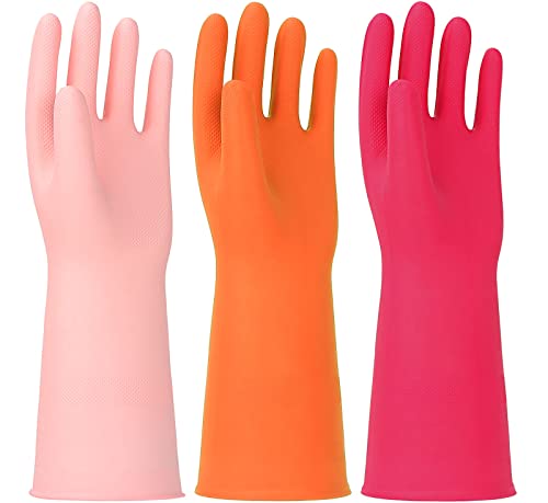 3 Pairs Rubber Cleaning Gloves Latex Free Dishwashing Gloves - 13" Reusable Nitrile Gloves Small, Orange+Pink+Red - color: Orange+pink+red, size: Small