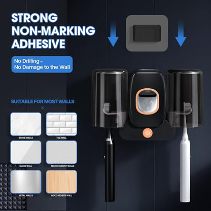 2Cups Wall-Mounted Toothbrush Sterilizer Holder with Toothpaste Dispenser - 4 Slots,3 in 1 Toothbrush Cleaner, No Drilling, USB Charging, Ideal for Family Bathroom (Black-Double Cup) - color: Black-double Cup