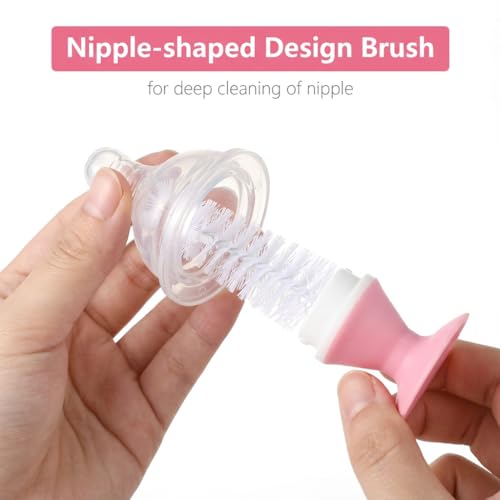 Ariseno 5-in-1 Baby Bottle Brush Set, Including Nylon and Silicone Bottle Brush, Cap, Straw, Nipple Brushes, BPA-Free (Pink) - color: Pink-nylon Silicone