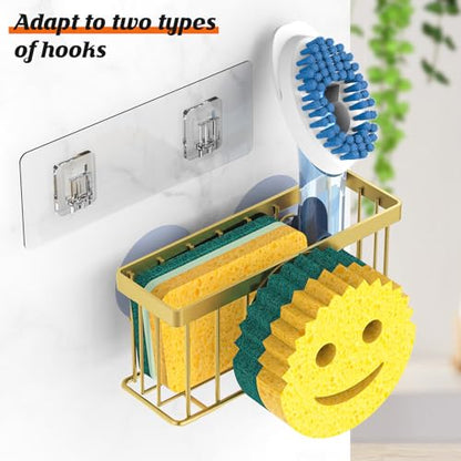 MURLONG Sponge Holder Smiley Face, Sink Caddy for Kitchen Sink, Sink Organizer Sponge Holder with 2 PCS Suction Cups/1 PCS Adhesive Strips, Designed for Sponge, Soap, Dish Brush, Scrubber-Gold - color: Gold