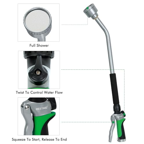 RESTMO Long Watering Wand, 24 Inches Gentle Soft Full Shower Sprayer Wand with Flow Control, Heavy Duty Metal Hose Wand for Hanging Baskets, Shrubs, Plants, Flowers, Garden and Lawn - color: Green
