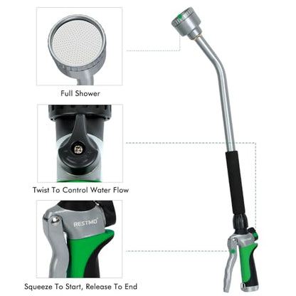 RESTMO Long Watering Wand, 24 Inches Gentle Soft Full Shower Sprayer Wand with Flow Control, Heavy Duty Metal Hose Wand for Hanging Baskets, Shrubs, Plants, Flowers, Garden and Lawn - color: Green
