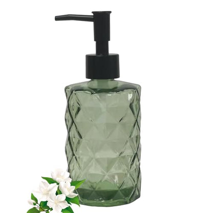 12Oz Small Glass Soap Dispenser with Black Plastic Pump, Green Refillable Kitchen Countertop Liquid Hand Soap Dispensers with Diamond Design, Crystal Bathroom Lotion Bottle for Dispense Dish Soap - color: Green Diamond